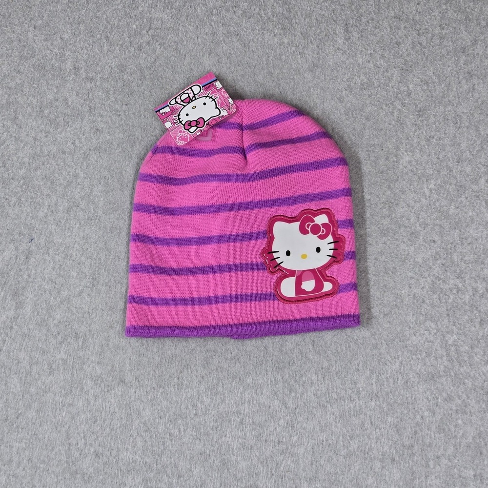 Hello Kitty Girls Beanie OSFM Purple Striped Pullover Knit Patch NWT
